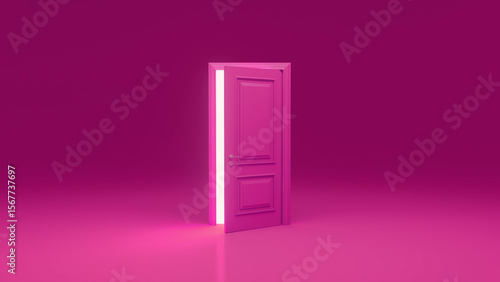 Slightly opened pink door radiating bright white light into an empty pink room, crafting a mysterious and surreal atmosphere filled with hints of opportunity and new beginnings