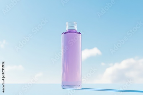 Lavender-colored bottle against a pale blue sky.