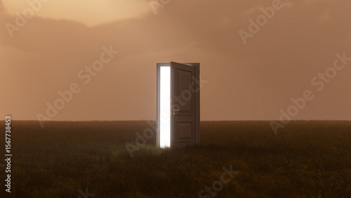 Open door stands in a grassy field, emanating a bright light against a dusky sunset sky, symbolizing opportunity, hope, and new beginnings in a surreal and dreamlike setting