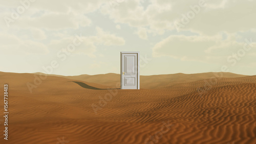 Canvas Print Closed white door with a golden handle stands inexplicably in the center of a va