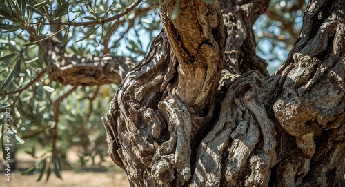 Close up of an ancient olive tree trunk with gnarled bark and green leaves in the background on a sunny day