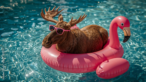 red deer enjoying in the swiming pool