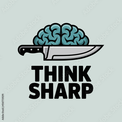 Sharp thinking concept with a brain sliced by a knife and the text think sharp symbolizing intelligence and wit