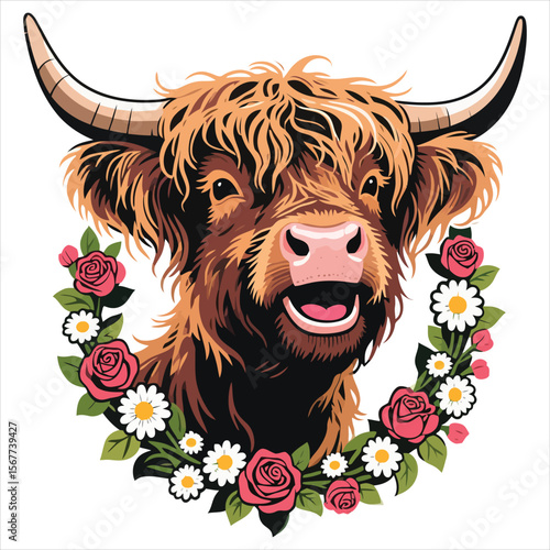 Adorable highland cow with a garland of roses and daisies
