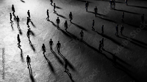 Foto Miniature figurines of people walking forward with long shadows cast by dramatic
