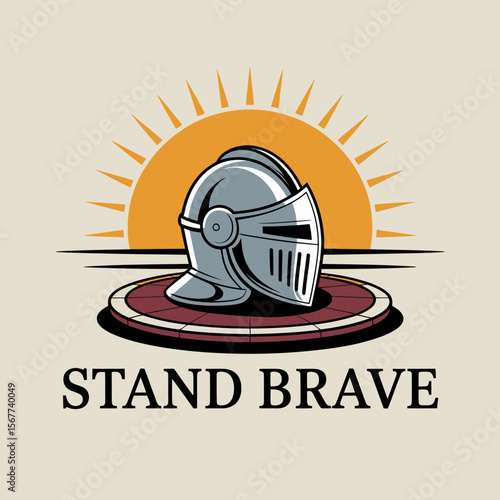 A stylized medieval knight s helmet sits on a circular platform against a backdrop of a rising sun and the words stand brave