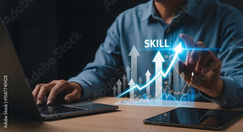 Business professional analyzing skill growth, using a laptop to improve knowledge and career development through online courses and technological advancement.