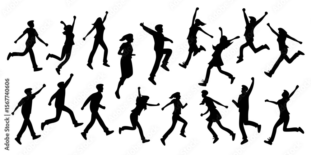 Vector art of a diverse group of people in silhouette running and jumping on white background Vector art of a diverse group of people in silhouette running and jumping on white background