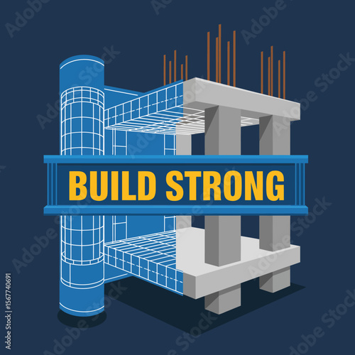 Conceptual illustration of a building under construction showing blueprint design and structural elements with the text build strong