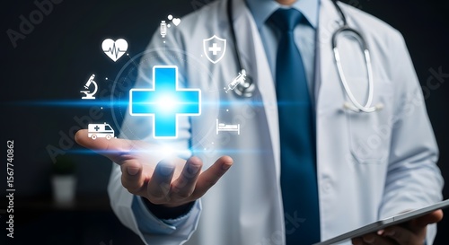 Wallpaper Mural Healthcare professional presenting medical technology icons in a modern, innovative digital health concept with a medical cross. Torontodigital.ca