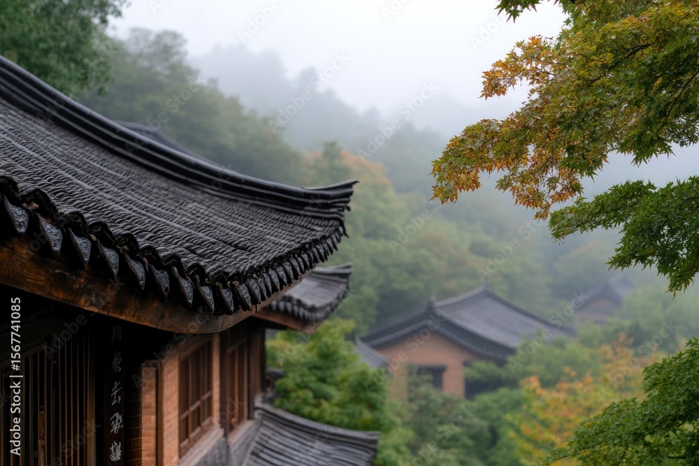 Obraz premium Historic Chinese Building with Curved Rooftops and Decorative Tilework