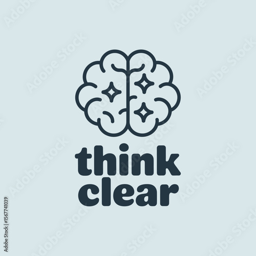 A stylized outline of a brain with sparkling stars inside accompanied by the bold text think clear representing clarity of thought and mental focus