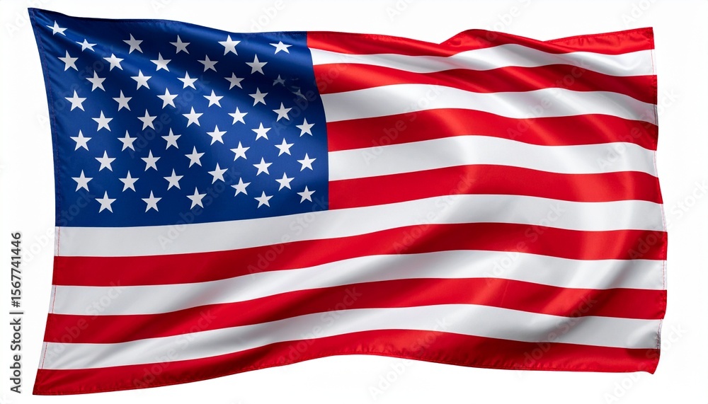 A vibrant, waving American flag with stars and stripes against a white background. A vibrant, waving American flag with stars and stripes against a white background.
