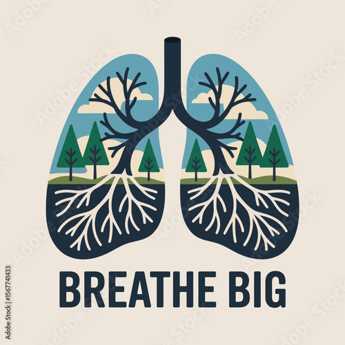Stylized illustration of human lungs filled with a forest landscape featuring trees roots clouds and the text breathe big below