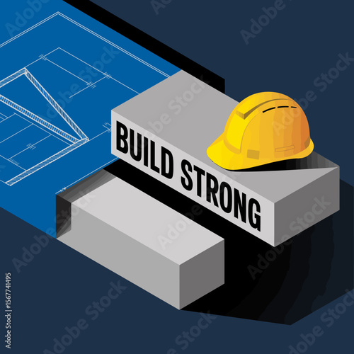 A yellow hard hat rests on a concrete block with the words build strong printed on it next to a blueprint