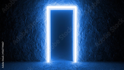 Photos Glowing neon light frames a mysterious doorway in a dark, textured room, creatin