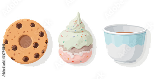 A chocolate chip cookie a colorful ice cream sundae and a cup of coffee