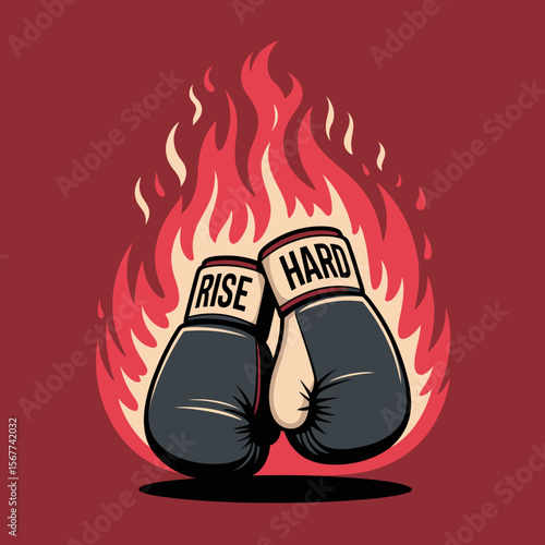 Rise hard boxing gloves with fire background sports motivation and determination concept artwork design vector artwork on transparent background