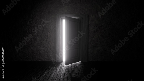 Ajar door with bright light shining into dark room with grunge concrete wall and wooden floor, representing concepts such as hope, new beginnings, and the unknown
