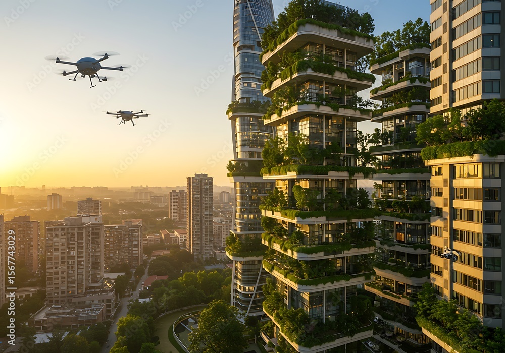 Obraz premium Sustainable Urban Future - Green Buildings and Drone Technology in Smart City