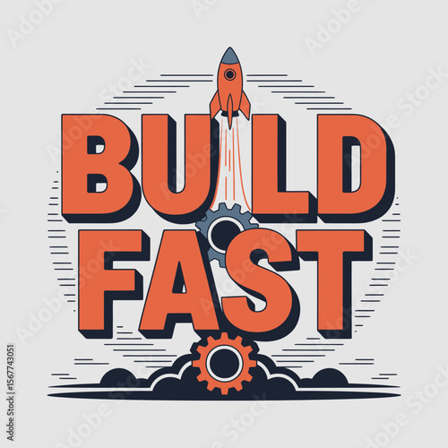 Build fast startup concept with rocket gears and clouds for innovation and development success vision vector artwork on transparent background