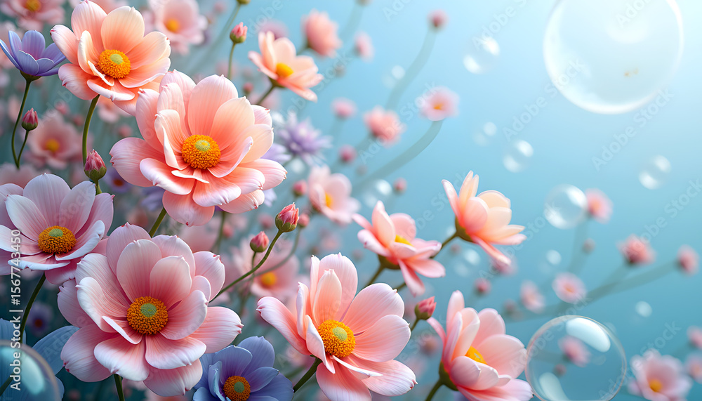 Fototapeta premium Blooming Floral Fantasy: A breathtaking display of delicate pastel flowers unfolds in a dreamlike realm, their soft petals kissed by gentle light, capturing the essence of tranquility and beauty.