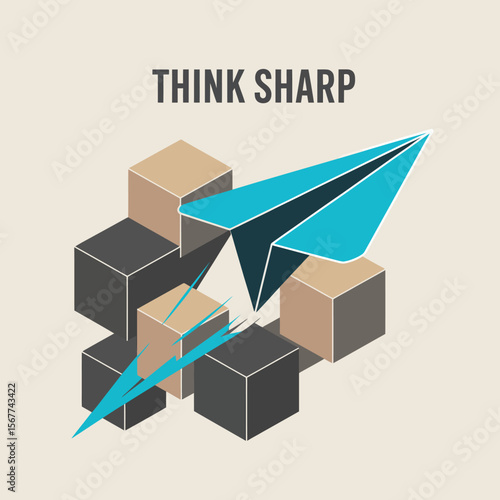 Think sharp paper plane soaring above obstacles for business success and creative innovation concept design vector artwork on transparent background
