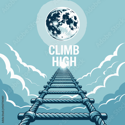 Climb high ladder to success concept illustration reaching goal moon sky motivation achievement vector vector artwork on transparent background