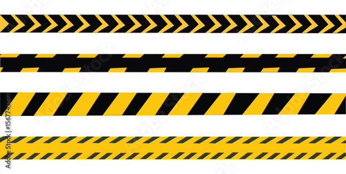 yellow and black caution warning tape set for industrial safety, road, construction, hazard area.