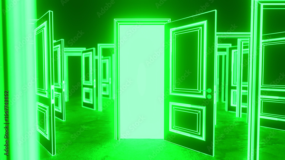 Fototapeta premium Many doors are closed with green neon light and only one is open, leading to a bright light, creating a concept of choice, opportunity, and success