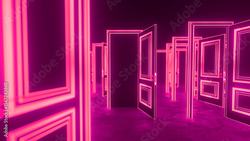 Opening infinite pink neon doors, inviting exploration of new possibilities and diverse choices, embodying opportunity, decision making, and visions of the future