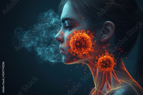 MERS-CoV virus spreading in respiratory system with inflamed lung illustration with copy space. Harsh anatomical lighting. 