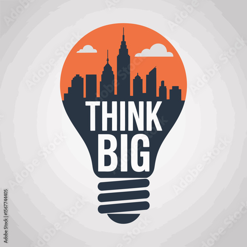 Think big light bulb concept with city skyline silhouette and clouds symbolizing innovation and ambitious ideas