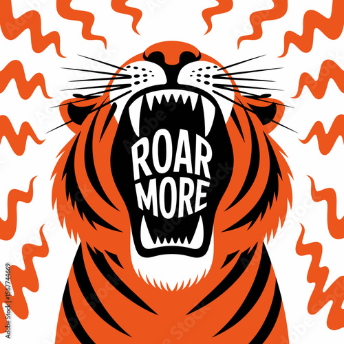 Stylized illustration of a roaring tiger with the words roar more prominently displayed inside its open mouth against a white background with orange wavy lines