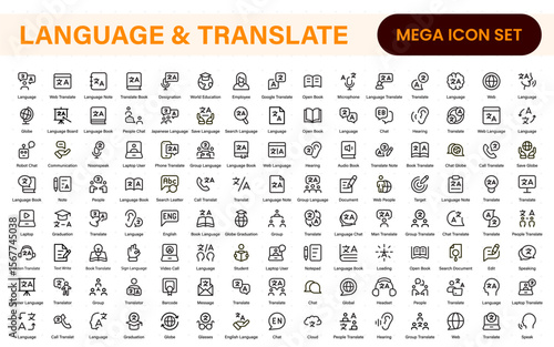 Language web icon set in line style. Language translation, linguistics, speaking, dictionary, listening skills, writing, translate, collection.