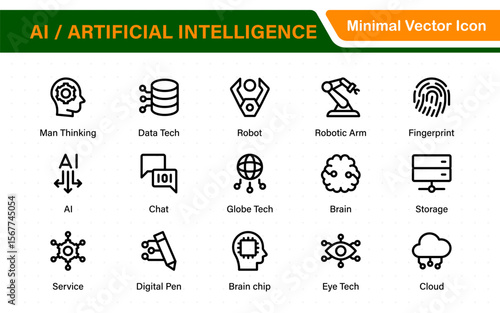 Set of Ai artificial intelligence icon set vector collection. AI Essentials line Icon collection, artificial intelligence icon set in line style, machine learning, smart robotic Free Vector