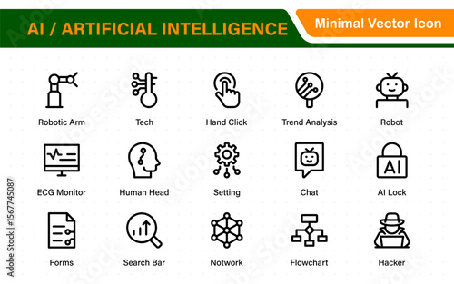 Set of Ai artificial intelligence icon set vector collection. AI Essentials line Icon collection, artificial intelligence icon set in line style, machine learning, smart robotic Free Vector