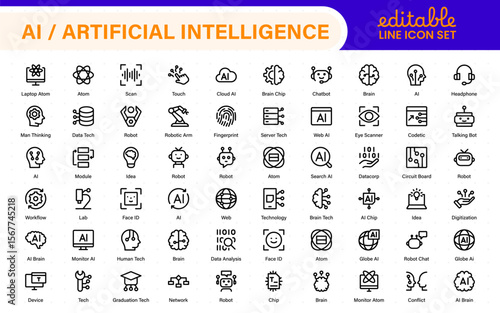 Set of Ai artificial intelligence icon set vector collection. AI Essentials line Icon collection, artificial intelligence icon set in line style, machine learning, smart robotic Free Vector