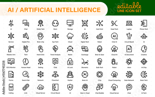 Set of Ai artificial intelligence icon set vector collection. AI Essentials line Icon collection, artificial intelligence icon set in line style, machine learning, smart robotic Free Vector