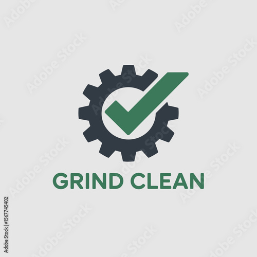 Grind clean logo featuring a dark gear with a green checkmark inside symbolizing efficiency and successful operations or maintenance