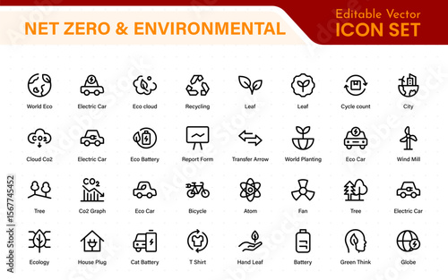 Set of sustainability and Net Zero, environmental, ecological, recyling, green, organic, industry thin line icons. Linear ecology simple symbol collection.