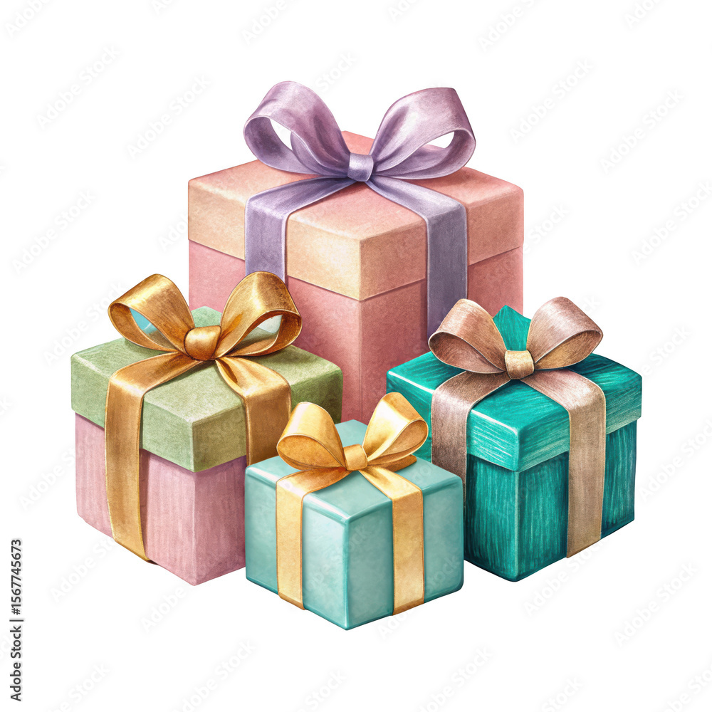 Obraz premium Gift boxes, elegant, white and gold, ribbons, bows, festive, celebration, 3D rendering, confetti, shiny, luxurious