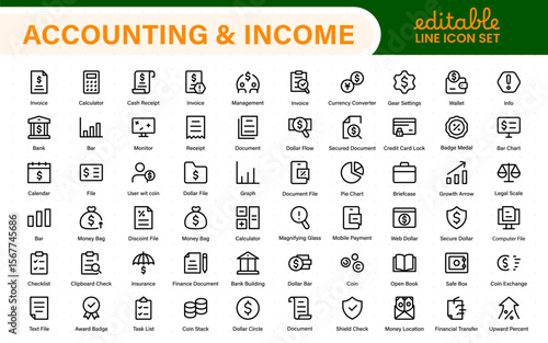 Set of line icons related to accounting, audit, and taxes. Outline icon collection. Business symbols.Income set. Containing money, tax, earnings, payment, paycheck, work, pension, and wages icons.