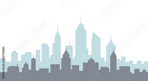 Cityscape Skyline Featuring Blue And Gray Skyscraper Silhouettes On A White Background