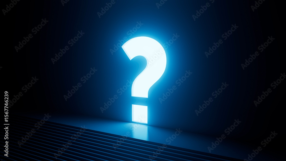 Bright, glowing question mark emanates light in a dark room, creating an intriguing and mysterious atmosphere with a set of steps leading towards the illuminated symbol Bright, glowing question mark emanates light in a dark room, creating an intriguing and mysterious atmosphere with a set of steps leading towards the illuminated symbol