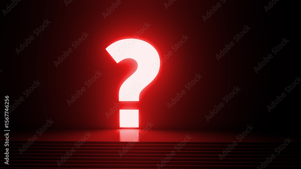 Bright white question mark glowing in a dark red room with stairs, creating an atmosphere filled with mystery and intrigue, inviting thoughts of curiosity and exploration Bright white question mark glowing in a dark red room with stairs, creating an atmosphere filled with mystery and intrigue, inviting thoughts of curiosity and exploration