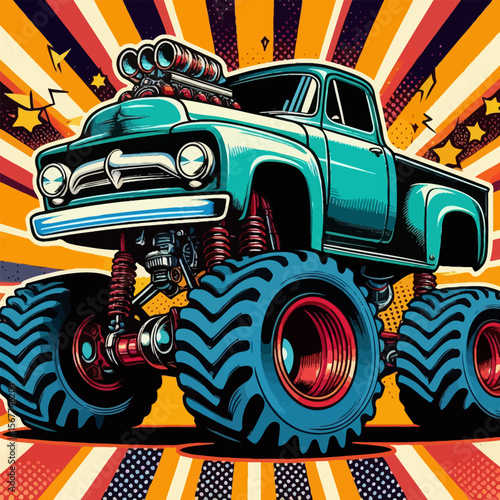 Retro teal monster truck with exposed engine and giant tires