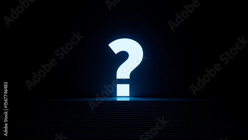 Large, luminous question mark illuminates a dark, empty room, positioned above a stage like platform, creating an atmosphere of mystery and anticipation