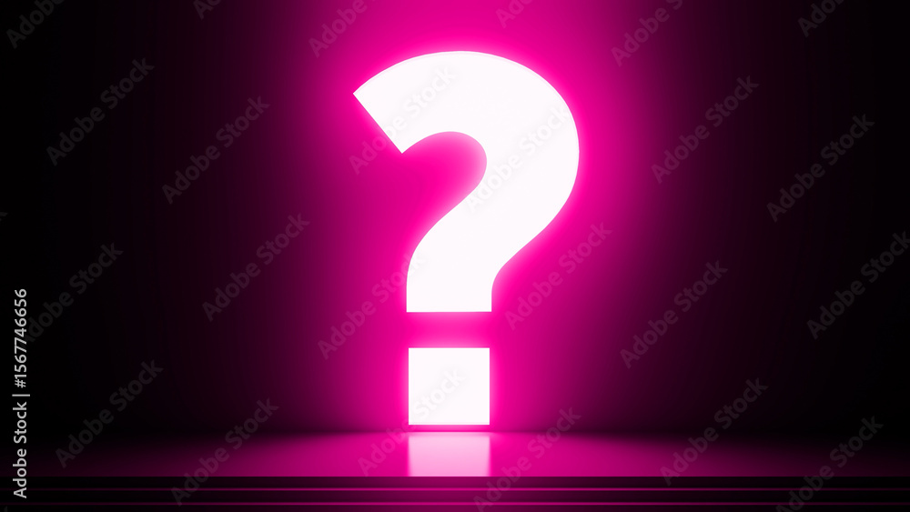 Bright white question mark glowing in a pink room, casting reflections on the stage and evoking a thought provoking, mysterious atmosphere filled with curiosity and intrigue Bright white question mark glowing in a pink room, casting reflections on the stage and evoking a thought provoking, mysterious atmosphere filled with curiosity and intrigue