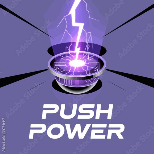 Futuristic energy activation with a glowing purple lightning bolt striking a circular device with circuit board patterns and the words push power